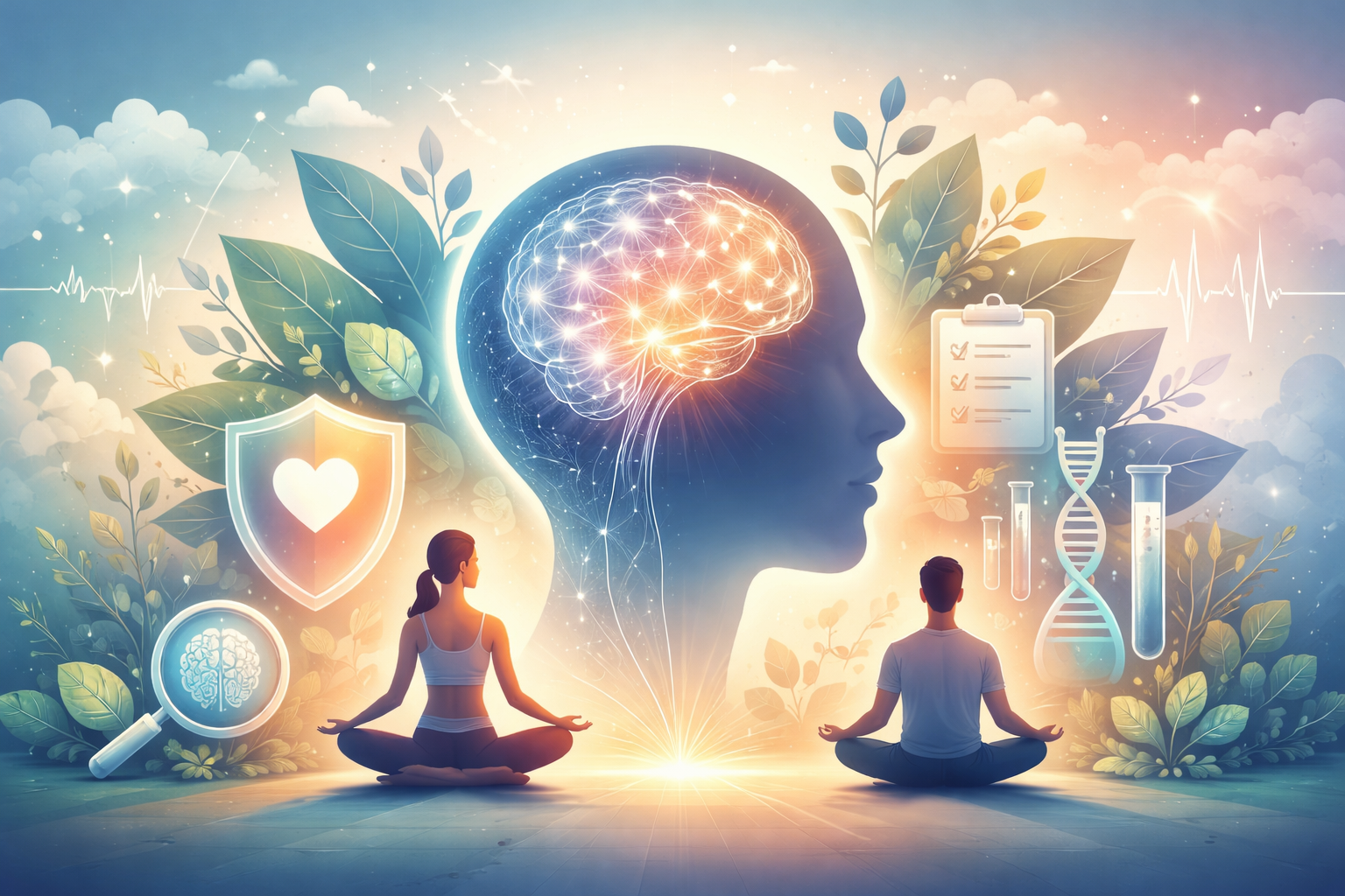 Bir insan silüetinin ortasında parlak ve ışıldayan bir beyin yer alıyor; silüetin etrafında ise doğa yapraklarıyla çevrili, bilimsel ve zihinsel sağlık sembolleri (DNA sarmalı, kalp şeklinde kalkan, test tüpleri, büyüteç içinde beyin) yer almakta. Sol tarafta yoga yapan bir kadın, sağ tarafta meditasyon yapan bir erkek görülüyor. Arka plan pastel tonlarda huzurlu bir atmosfer sunuyor. Görsel, stres, kaygı ve zihinsel dayanıklılıkla ilgili bilim temelli bir ruh sağlığı temasını yansıtıyor.