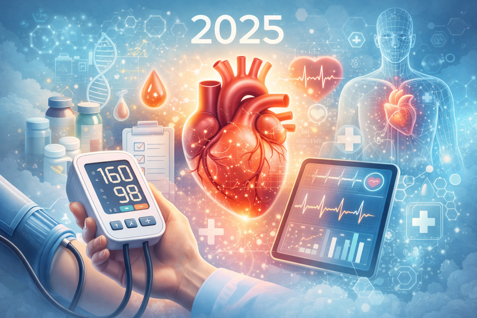 Görselde, 2025 yılı hipertansiyon rehberi teması işlenmiş. Ortada dijital olarak parlayan büyük bir kalp modeli yer alıyor. Sol tarafta, bir sağlık profesyoneli tansiyon ölçüm cihazı ile bir hastanın tansiyonunu ölçüyor; ekranda 160/98 değeri görünüyor. Arka planda ilaç şişeleri, DNA sarmalı, kan damlası, tıbbi kontrol listesi ve EKG ekranı gibi sağlıkla ilgili semboller bulunuyor. Sağ tarafta, dijital insan anatomisi ve kalp atışı simgeleriyle donatılmış teknolojik bir arka plan yer alıyor. Genel atmosfer, modern ve bilimsel hipertansiyon yönetimini yansıtıyor.