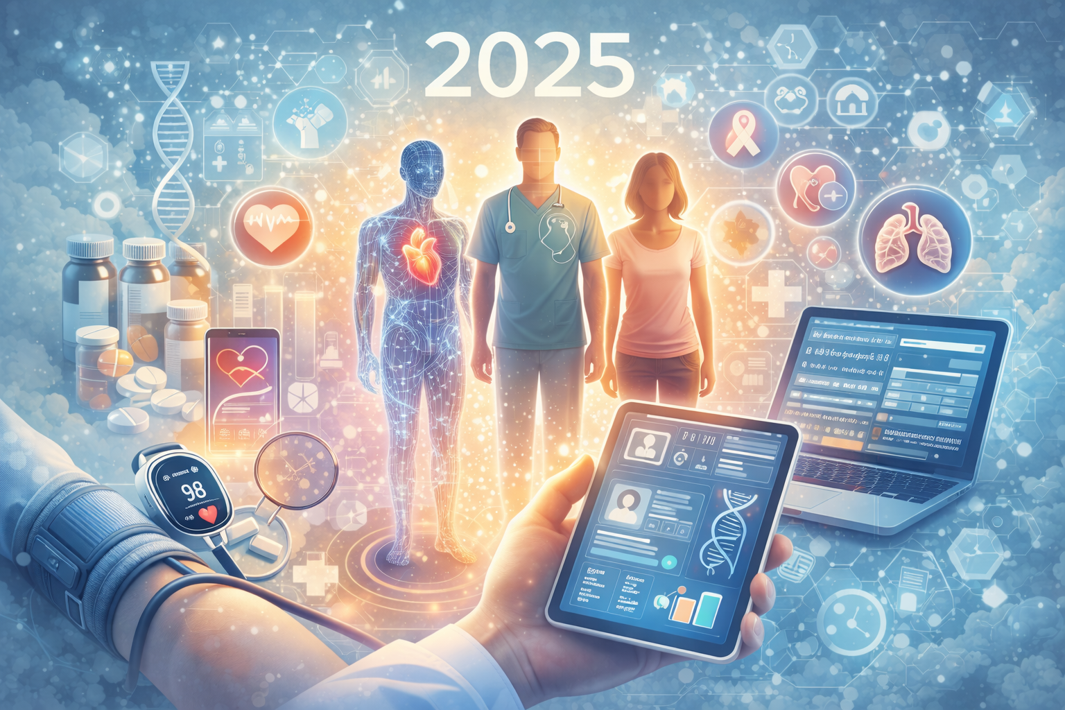 Görselde, 2025 yılı kronik hastalık yönetimi teması işlenmiş. Ortada bir sağlık çalışanı, bir hasta ve dijital bir insan vücudu hologramı yan yana duruyor. Arka planda DNA sarmalı, akciğer, kalp, kanser farkındalık kurdelesi gibi sağlık sembolleri yer alıyor. Önde, dijital sağlık kayıtlarının gösterildiği tablet ve dizüstü bilgisayar ekranları bulunuyor. Sol tarafta tansiyon ölçen bir kol, akıllı saat, stetoskop, ilaç şişeleri ve bir akıllı telefon dikkat çekiyor. Görsel, bilimsel gelişmelerle desteklenen kişiselleştirilmiş tedavi ve dijital sağlık teknolojilerinin kronik hastalık yönetimindeki rolünü yansıtıyor.