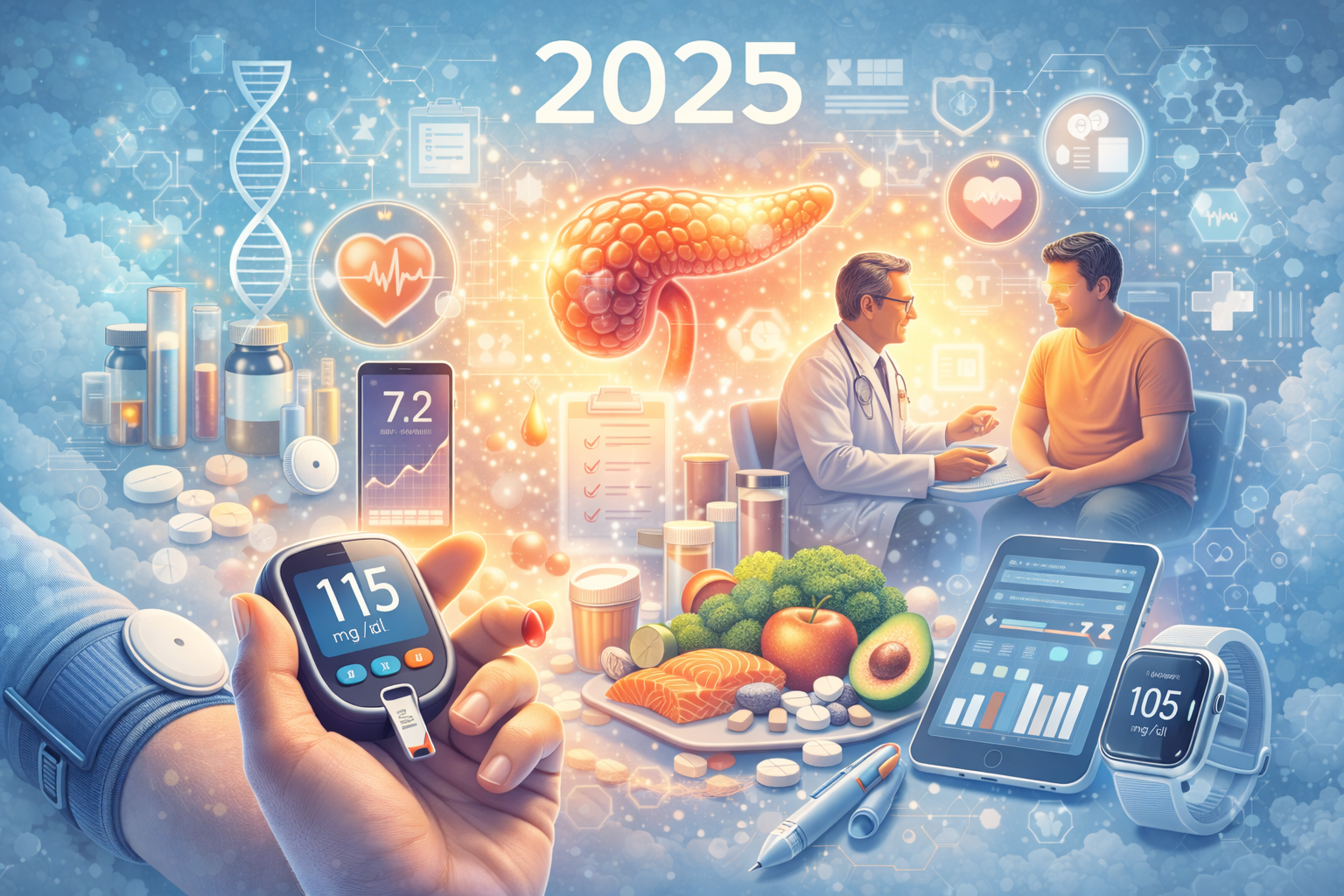 Görselde, 2025 yılında tip 2 diyabet yönetimi teması işlenmiş. Ön planda bir kişi, parmak ucundan kan damlatarak glukometre ile kan şekeri ölçümü yapıyor; ekranda 115 mg/dL değeri görülüyor. Kolunda sürekli glikoz ölçüm cihazı takılı. Arka planda doktor ile hasta arasında geçen bir danışma sahnesi yer alıyor. Ortada pankreas görseli öne çıkarken, çevresinde sağlıklı gıdalar (sebzeler, meyveler, somon), ilaç kutuları, insülin kalemi, akıllı saat, tablet ve mobil cihaz ekranları gibi dijital sağlık araçları yer alıyor. Görsel, hasta dostu yaklaşımlar ve güncel bilimsel gelişmeler ışığında tip 2 diyabet yönetiminde dijitalleşmeyi yansıtıyor.