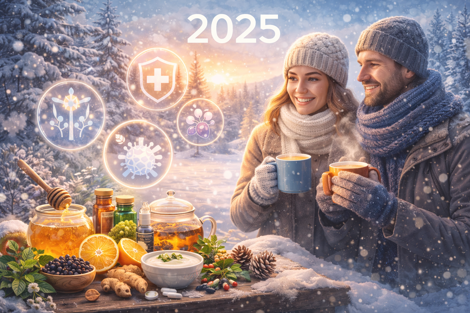 Görselde, karlı bir kış manzarasında kalın giysiler giymiş bir çift, ellerinde sıcak bitki çayı kupalarıyla gülümseyerek oturuyor. Arka planda karla kaplı ağaçlar ve gün batımının yumuşak turuncu ışığıyla aydınlanmış huzurlu bir orman yer alıyor. Ön plandaki ahşap masada bal, zencefil, limon, mürver, yoğurt, bitkisel yağlar ve bağışıklığı destekleyici doğal takviyeler bulunuyor. Görselin çevresinde bağışıklık sistemi, sağlık koruma ve doğa temelli şifa kavramlarını simgeleyen parlayan ikonlar yer almakta. Sahne, 2025 için doğal ve bilimsel bağışıklık güçlendirme yaklaşımlarını vurguluyor.