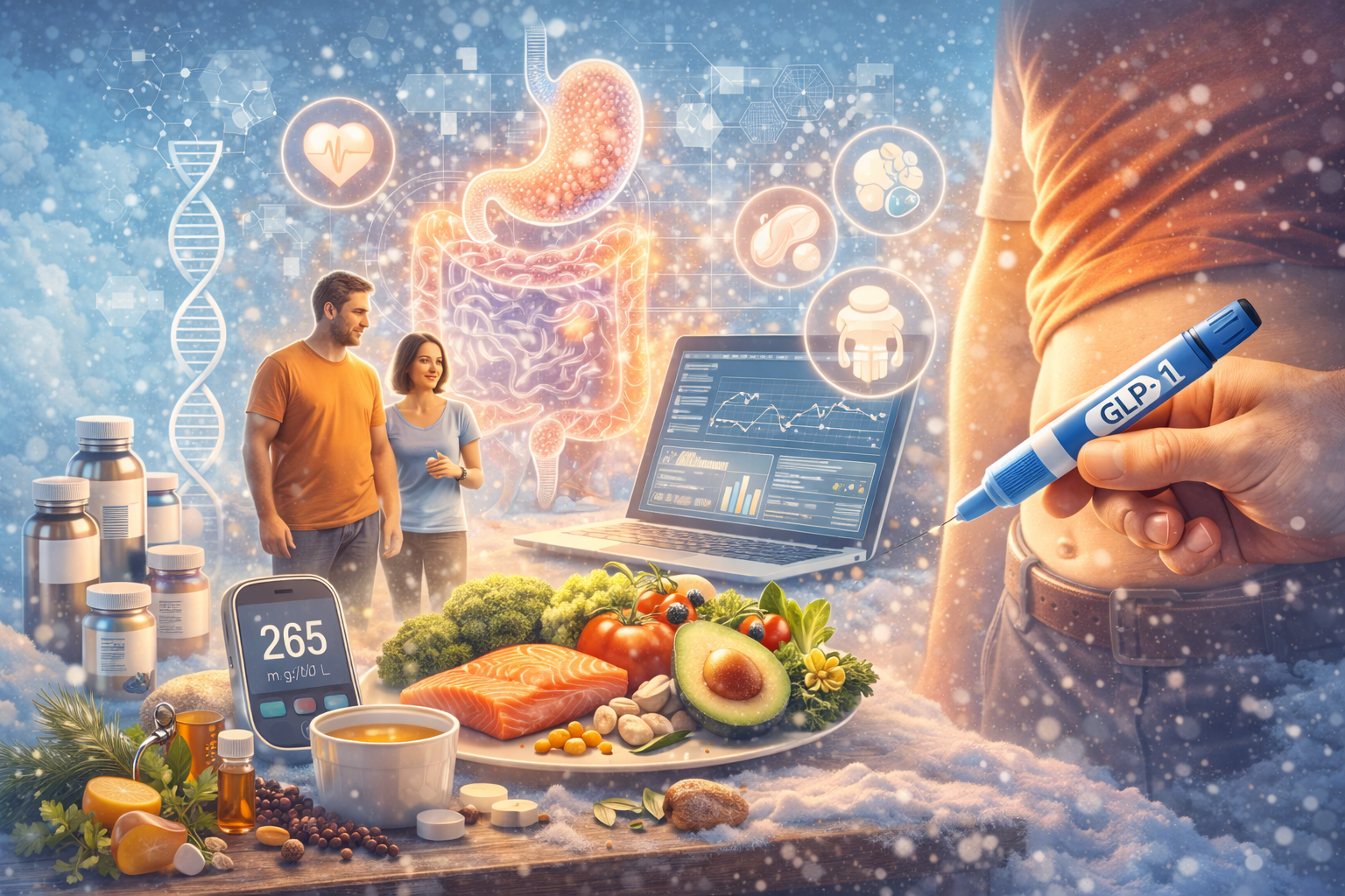 Bir kişi karnına GLP-1 iğnesi yaparken, ön planda sağlıklı gıdalar (somon, avokado, sebzeler), ilaçlar ve glikoz ölçüm cihazı yer alıyor. Arka planda sindirim sistemi hologramı, sağlık simgeleri ve analiz grafiklerinin yer aldığı bir laptop ekranı görülüyor. Görsel, GLP-1 agonistleriyle beslenmenin birleşimini yansıtıyor.