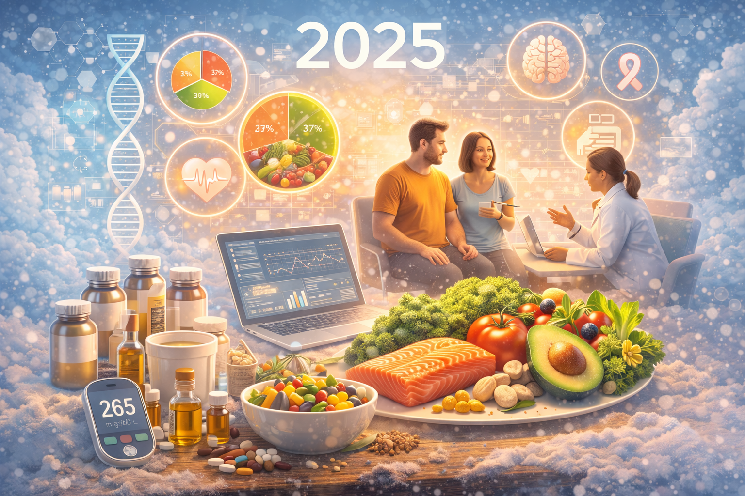 2025 yılında bir çift, diyetisyenle sağlıklı beslenme üzerine görüşürken; ön planda somon, avokado, sebzeler, takviyeler ve besin değerlerini gösteren grafikler yer alıyor. Görsel, beslenme ile kronik hastalıklar arasındaki ilişkiyi vurguluyor.