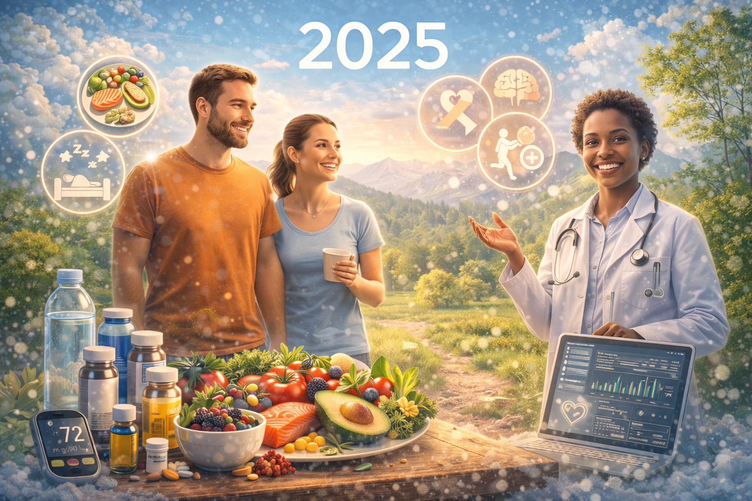 Görselde, doğa manzarasında yürüyen bir çift ve onlara sağlık önerileri sunan gülümseyen bir doktor yer alıyor. Ön planda sağlıklı yiyecekler, takviyeler ve sağlık verileriyle dolu bir dizüstü bilgisayar bulunuyor. Etrafta beslenme, uyku, egzersiz ve zihinsel sağlık simgeleri görülüyor.